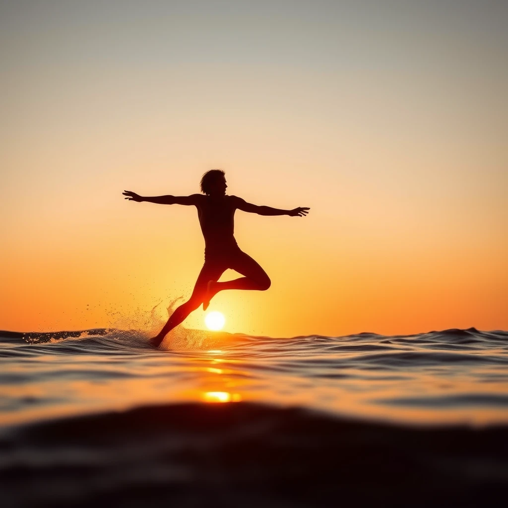Surfer riding a wave at sunset